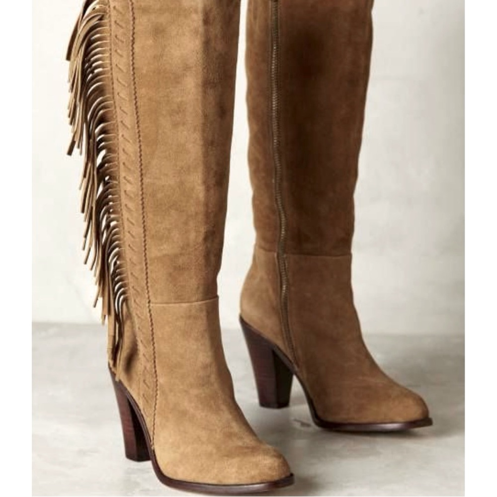SPLENDID Serena Suede Tassel Fringe Western Heeled Boots Tan Taupe Size 8.5